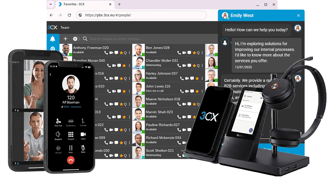 Central telefónica con chat en vivo, llamadas y videoconferencias