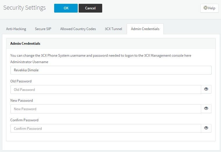 Configuración de seguridad, credenciales de administrador
