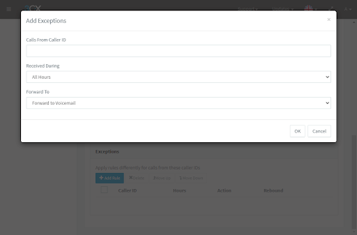 Añadir regla de excepción – Update 4 Beta 2 Reglas de excepción para Caller ID desde consola admin