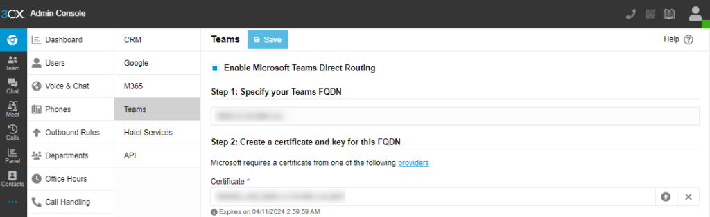 Configuración del enrutamiento directo de Teams desde el Sistema Telefónico 3CX