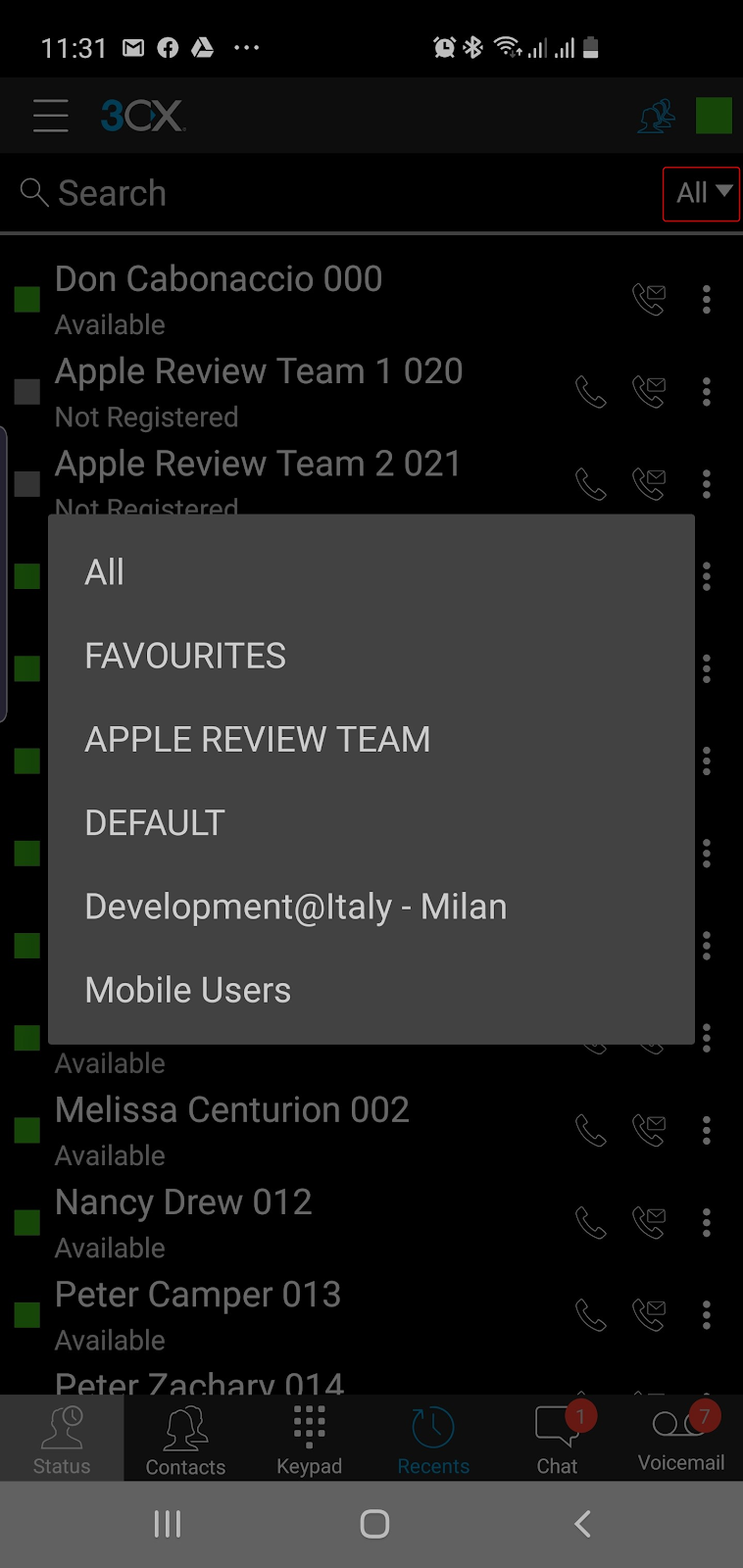 Menú desplegable de Grupos en la App 3CX para Android