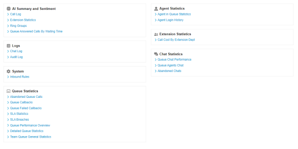 Lista de reportes disponibles