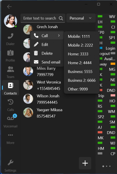 Opciones de llamada de contactos Opciones de llamada de contactos
