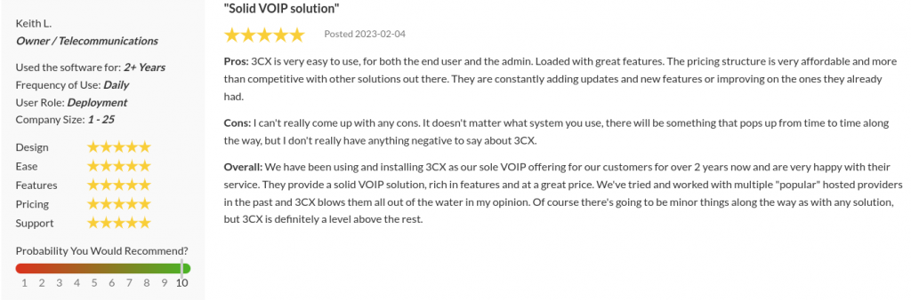 Opinión de un usuario 3CX en SourceForge Opinión de un usuario 3CX en SourceForge
