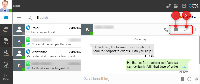 Marcar fácilmente el chat para transferir o asistido Dos botones en la parte superior para transferir o marcar como asistido